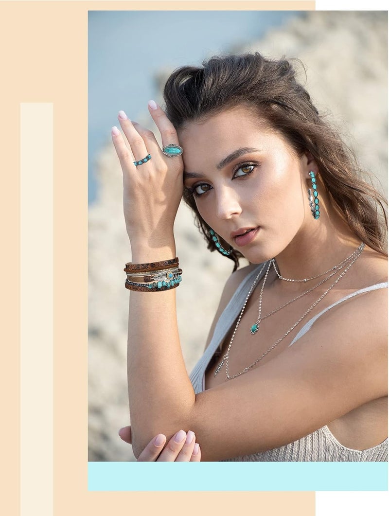 Ecally Store Bohemian Western Jewelry Turquoise Set Women Country Pendant Long Choker Layered Bracelets Earrings Ring for Women - Image 2